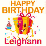A vibrant and funny gift box character with a happy face dancing with a cupcake and the text 'Happy Birthday Leighann,' surrounded by animated confetti and party vibes.