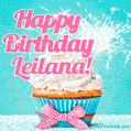 Happy Birthday Leilana! Elegang Sparkling Cupcake GIF Image.
