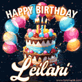 Hand-drawn happy birthday cake adorned with an arch of colorful balloons - name GIF for Leilani