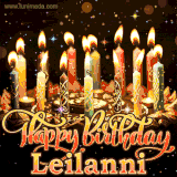 A glowing personalized birthday GIF with name Leilanni featuring lit candles with intricate designs, warm lighting, and the text 'Happy Birthday' in an elegant font.