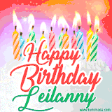 Bright birthday candles with rainbow flames on a cake, alongside the text 'Happy Birthday Leilanny' in vibrant script in this celebratory animated GIF.