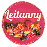 Beautifully decorated red velvet berry birthday cake with vibrant fruits and a glowing 'Leilanny' name, adding a touch of sweetness and sparkle.