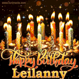 A glowing personalized birthday GIF with name Leilanny featuring lit candles with intricate designs, warm lighting, and the text 'Happy Birthday' in an elegant font.
