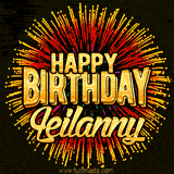 Golden 'Happy Birthday Leilanny' text accompanied by animated rainbow fireworks for a festive animated greeting.