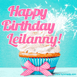 A festive cupcake with pink icing, a gingham bow, and a lit animated sparkler, paired with 'Happy Birthday Leilanny!' in bright pink text.
