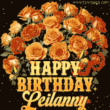 Animated bouquet of orange roses with moving butterfles and golden 'Happy Birthday Leilanny' text, surrounded by sparkling accents and a dark backdrop for a luxurious feel.