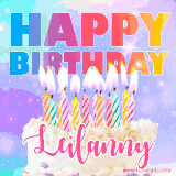 A vibrant animated name GIF with the words 'Happy Birthday Leilanny' with colorful candles on a creamy cake. The background sparkles with pastel shades, adding a festive touch.