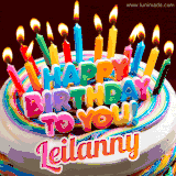 A colorful birthday cake topped with lit candles, with the words 'Happy Birthday Leilanny' in bold glowing letters on a burgundy background. Animated flames add a festive touch.