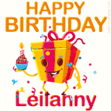 A vibrant and funny gift box character with a happy face dancing with a cupcake and the text 'Happy Birthday Leilanny,' surrounded by animated confetti and party vibes.