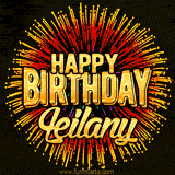 Golden 'Happy Birthday Leilany' text accompanied by animated rainbow fireworks for a festive animated greeting.