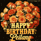 Animated bouquet of orange roses with moving butterfles and golden 'Happy Birthday Leilany' text, surrounded by sparkling accents and a dark backdrop for a luxurious feel.