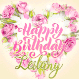 A stunning heart made of pink roses surrounds the elegant script text 'Happy Birthday Leilany' on a soft beige background. Animated sparkles add a magical and festive feel.