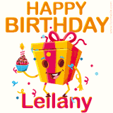 A vibrant and funny gift box character with a happy face dancing with a cupcake and the text 'Happy Birthday Leilany,' surrounded by animated confetti and party vibes.