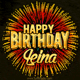 Golden 'Happy Birthday Leina' text accompanied by animated rainbow fireworks for a festive animated greeting.