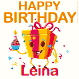 A vibrant and funny gift box character with a happy face dancing with a cupcake and the text 'Happy Birthday Leina,' surrounded by animated confetti and party vibes.