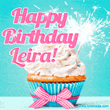 A festive cupcake with pink icing, a gingham bow, and a lit animated sparkler, paired with 'Happy Birthday Leira!' in bright pink text.