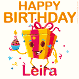 A vibrant and funny gift box character with a happy face dancing with a cupcake and the text 'Happy Birthday Leira,' surrounded by animated confetti and party vibes.