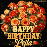 Animated bouquet of orange roses with moving butterfles and golden 'Happy Birthday Lejla' text, surrounded by sparkling accents and a dark backdrop for a luxurious feel.
