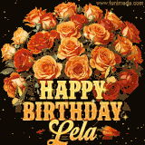 Animated bouquet of orange roses with moving butterfles and golden 'Happy Birthday Lela' text, surrounded by sparkling accents and a dark backdrop for a luxurious feel.