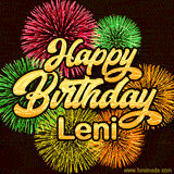 Golden text reading 'Happy Birthday Leni' surrounded by vibrant fireworks in red, green, and yellow, set against a dark background in this celebratory birthday GIF.