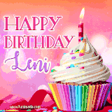 A vibrant birthday GIF featuring a rainbow-colored cupcake topped with white frosting, sprinkles, and a lit candle. The text reads 'Happy Birthday Leni' in bold pink and violet letters with white outline.