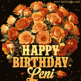 Animated bouquet of orange roses with moving butterfles and golden 'Happy Birthday Leni' text, surrounded by sparkling accents and a dark backdrop for a luxurious feel.
