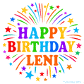 Happy Birthday Leni' GIF with rainbow-colored letters, colorful stars, and fireworks on white background.