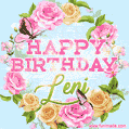 A charming animated GIF featuring 'Happy Birthday Leni' in pink and green text, surrounded by delicate roses, leaves, and fluttering butterflies on a soft light blue pastel background.