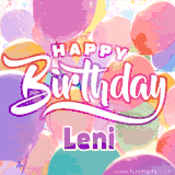 A vibrant name GIF featuring colorful balloons in shades of pink, orange, and yellow with the bold text 'Happy Birthday Leni' in festive fonts, creating a lively birthday vibe.