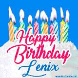 A cheerful animated GIF featuring colorful lit birthday candles on a white cake, with the text 'Happy Birthday Lenix' in bold red and blue script on a bright blue background.