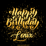 Animated GIF with colorful, festive 'Happy Birthday Lenix' text decorated with patterns, a party hat, and falling confetti. A vibrant and cheerful design for birthday celebrations.