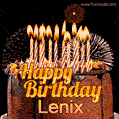 A rich chocolate cake topped with glowing birthday candles and surrounded by bright fireworks. The animated GIF displays the message 'Happy Birthday Lenix' in golden text.