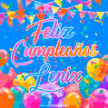 A vibrant animated GIF with 'Feliz Cumpleaños Lenix' written in colorful script, surrounded by balloons, confetti, and bunting on a bright blue background.