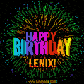 A colorful animated GIF featuring the text 'Happy Birthday Lenix!' in rainbow colors with a dynamic iridescent firework display in the background.