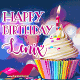 A festive animated GIF featuring a colorful cupcake with a single lit candle, sprinkles, and 'Happy Birthday Lenix' text against a sparkling, celebratory background.