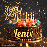 Festive birthday card animation with a chocolate cake, bright lit candles, and gold glittery text saying Happy Birthday Lenix.