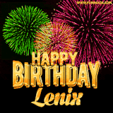A captivating GIF with bursts of green, pink, and orange fireworks lighting up the night sky, accompanied by 'Happy Birthday Lenix' in glowing golden text.