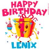 A funny animated birthday GIF with the words 'Happy Birthday Lenixa', colorful gift box with arms and legs, holding a cupcake with a lit candle  with confetti everywhere.