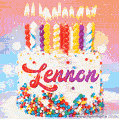 Personalized for Lennon elegant birthday cake adorned with rainbow sprinkles, colorful candles and glitter