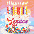 Personalized for Lennox elegant birthday cake adorned with rainbow sprinkles, colorful candles and glitter