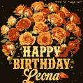 Beautiful bouquet of orange and red roses for Leona, golden inscription and twinkling stars