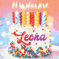 Personalized for Leona elegant birthday cake adorned with rainbow sprinkles, colorful candles and glitter