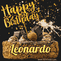 Celebrate Leonardo's birthday with a GIF featuring chocolate cake, a lit sparkler, and golden stars