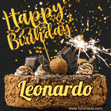 Animated GIF featuring the text 'Happy Birthday Leonardo' written in glittering gold above the luxurious chocolate birthday cake adorned with truffles, gold stars, and sparklers.