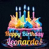 A vibrant animated GIF featuring a colorful rotating birthday cake with bright frosting swirls, glowing candles, and the text 'Happy Birthday Leonardo!' in rainbow colors.