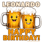 Animated GIF with name Leonardo featuring two smiling beer mugs with frothy tops, toasting in celebration. The text reads 'Leonardo, Happy Birthday!' in bold letters.