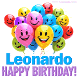 An animated birthday-themed name GIF with colorful smiling balloons and bold 'Leonardo, Happy Birthday!' text for a celebratory touch.