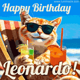 A cheerful cat wearing sunglasses, enjoying drinks on a sunny beach chair, with the text 'Happy Birthday Leonardo!' in bright letters.