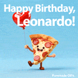 Funny moving pizza character with arms and legs dancing for Leonardo's birthday