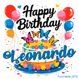 A gold and white glazed birthday cake with blue lettering spelling Leonardo, surrounded by colorful party decorations.